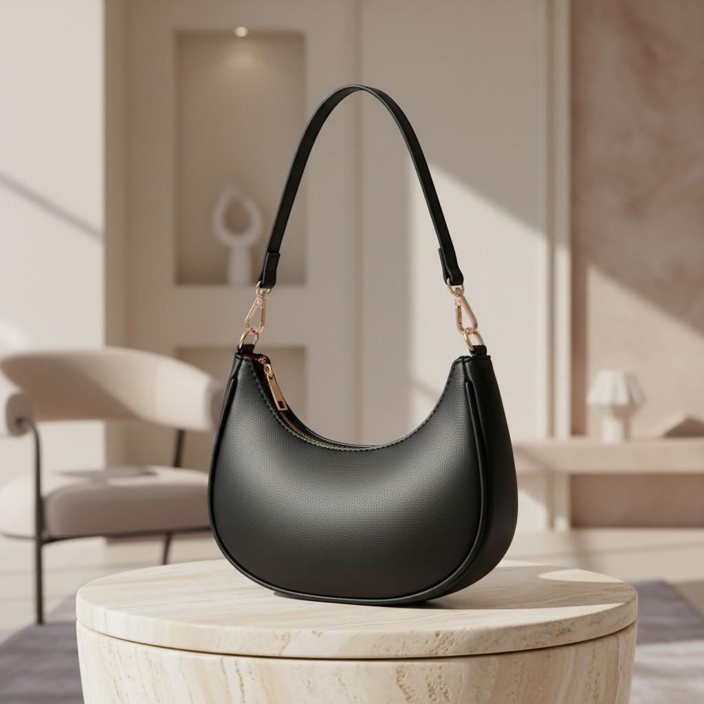 Black Hobo Shoulder Bag, Crescent Purse, Minimalist Women's Handbag