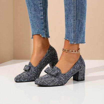 Gray Tweed Mary Jane Heels, Bow Block Heel Pumps, Vintage Inspired Shoes