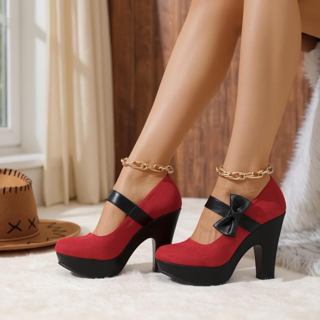 Red Mary Jane Heels, Platform Bow Pumps, Chunky High Heel Shoes