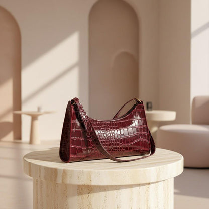 Burgundy Croc Embossed Shoulder Bag, Wine Red Baguette Purse, Y2K Handbag, Textured Crossbody Bag, Women's Trendy Bag