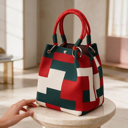 Geometric Woven Bag, Color Block Bucket Bag, Red Green Handbag, Woven Shoulder Purse, Colorful Summer Bag
