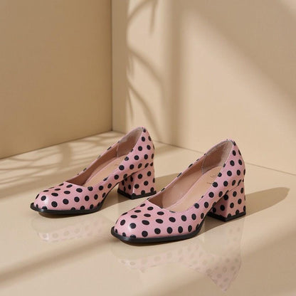 Pink Polka Dot Heels, Retro Block Heel Pumps, Black Spot Dress Shoes