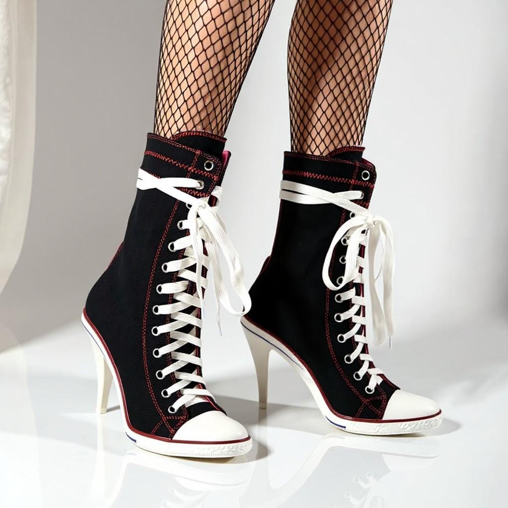Black High Heel Sneaker Boots, Lace Up High Top Shoes, Stiletto Canvas Ankle Boots, Women's Statement Footwear