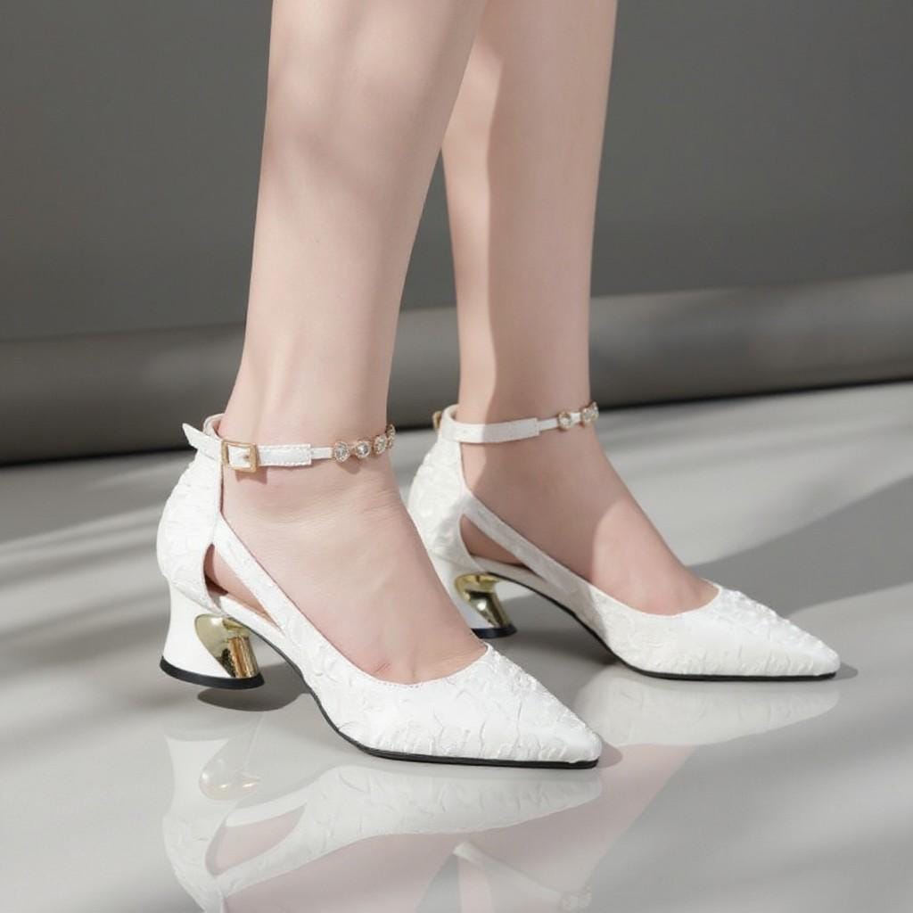 White Wedding Shoes, Floral Bridal Heels, Pointed Toe Ankle Strap Pumps