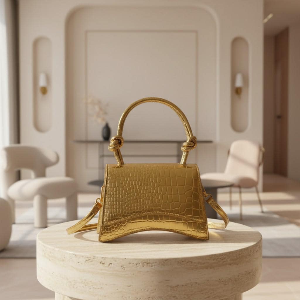 Gold Croc Embossed Top Handle Bag, Metallic Shoulder Purse, Structured Flap Handbag, Gold Crossbody Bag, Statement Purse