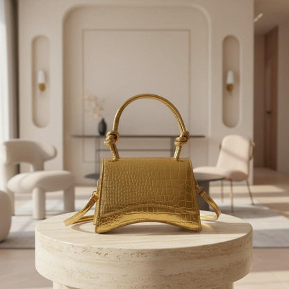 Gold Croc Embossed Top Handle Bag, Metallic Shoulder Purse, Structured Flap Handbag, Gold Crossbody Bag, Statement Purse