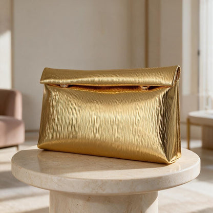 Metallic Gold Pleated Clutch Bag, Textured Envelope Purse, Gold Evening Bag, Foldover Party Clutch, Elegant Wedding Guest Purse