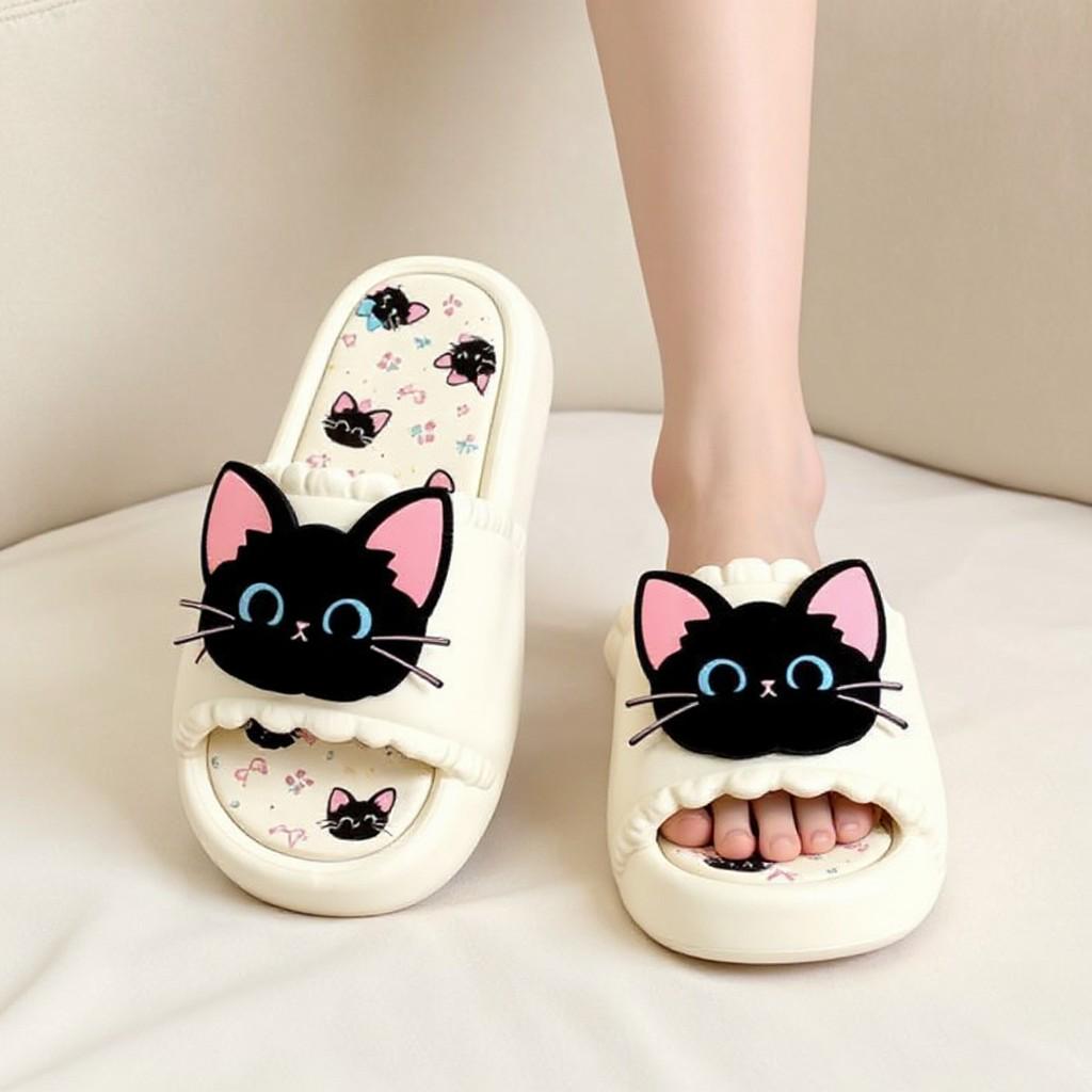 Cute Cat Slippers, Black Cat Slides, Kawaii House Slippers, Women's Indoor Slippers, Funny Cat Shoes, Cozy Summer Slides, Gift for Cat Lover