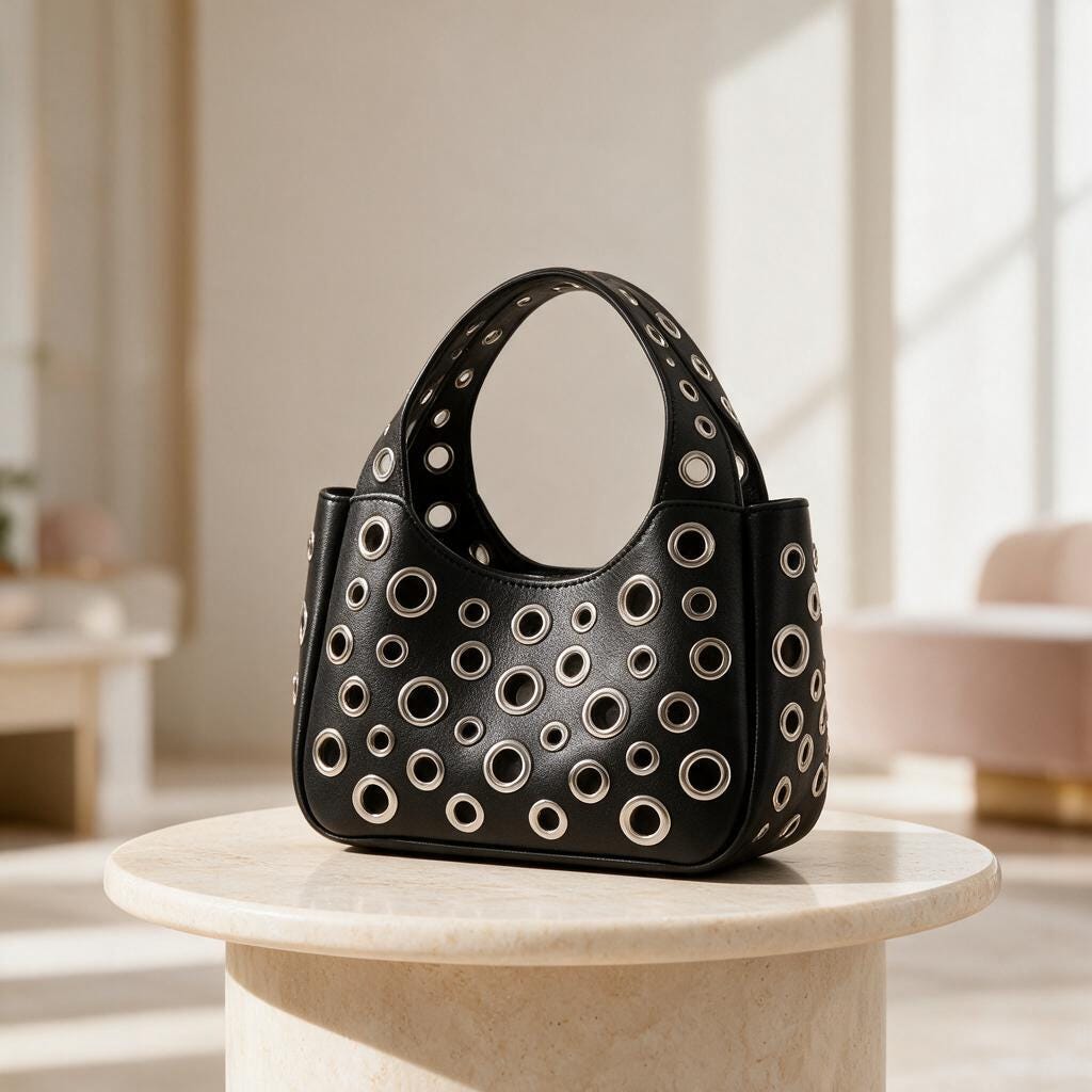 Black Grommet Handbag, Eyelet Shoulder Bag, Y2K Punk Purse, Studded Black Bag, Edgy Womens Shoulder Bag