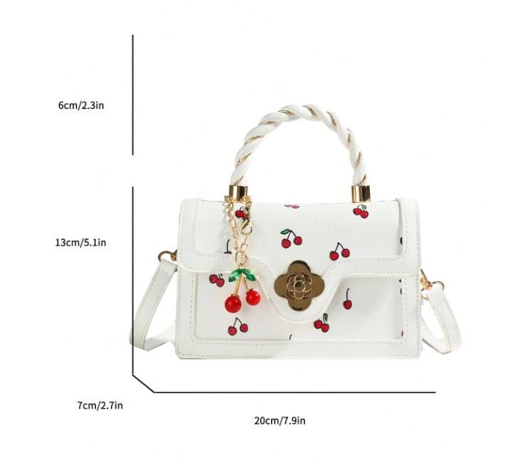 White Cherry Shoulder Bag, Cherry Print Purse, Braided Top Handle Handbag, Floral Clasp Crossbody Bag, Cute Summer Bag