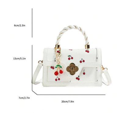 White Cherry Shoulder Bag, Cherry Print Purse, Braided Top Handle Handbag, Floral Clasp Crossbody Bag, Cute Summer Bag