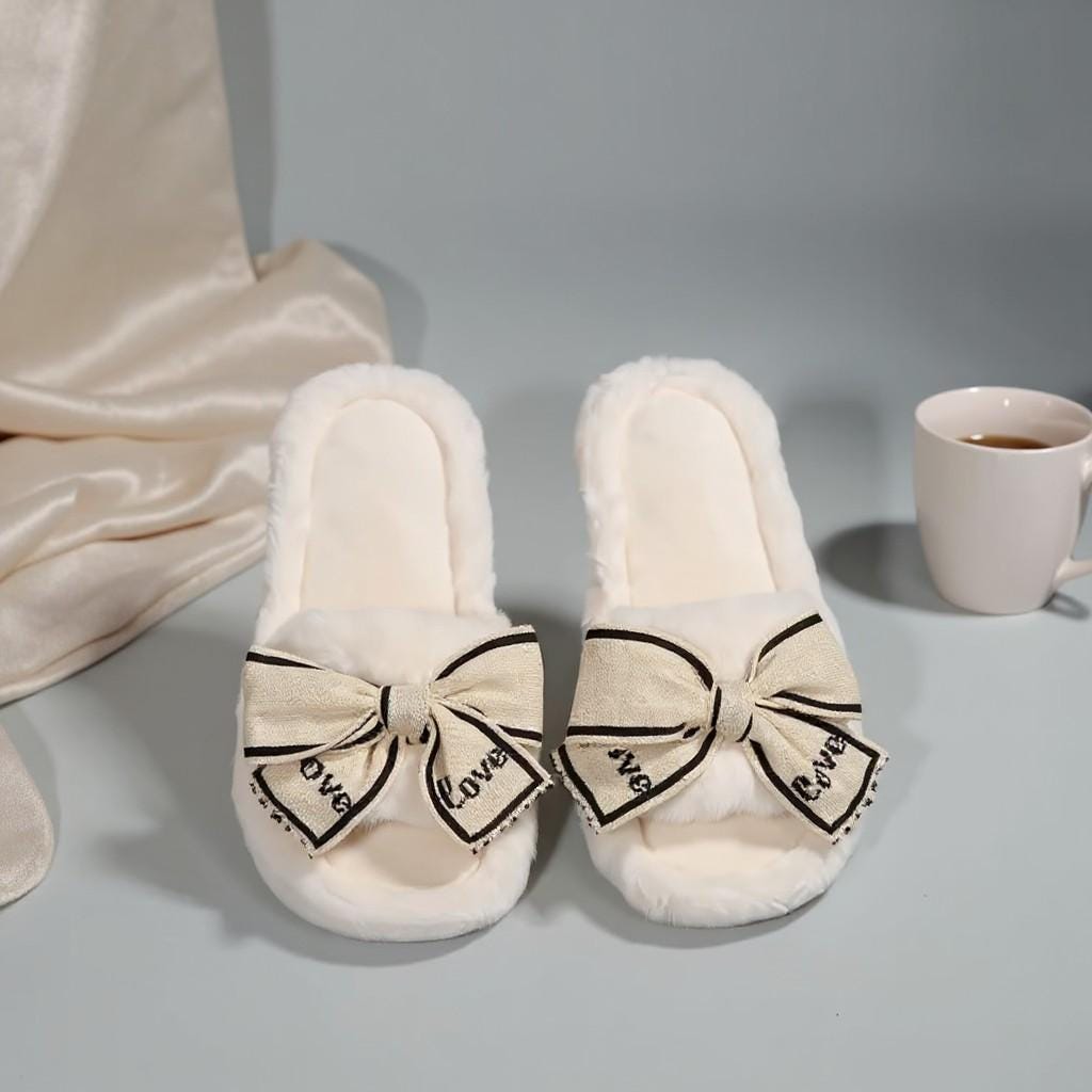 Bow Slippers, Fluffy White House Slides, Coquette Cozy Slippers