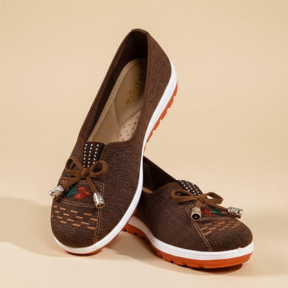 Brown Embroidered Flats for Women, Bow Slip On Shoes, Casual Woven Loafers