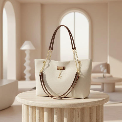 Cream Tote Bag, Large Shoulder Purse for Women, Brown Handle Handbag, Spacious Everyday Bag