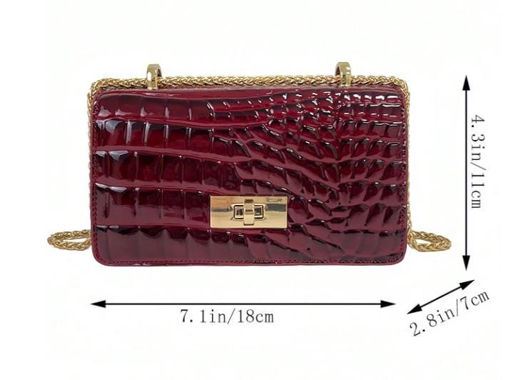 Burgundy Shoulder Bag, Croc Embossed Purse, Wine Red Handbag, Chain Strap Bag, Structured Flap Purse, Elegant Evening Bag