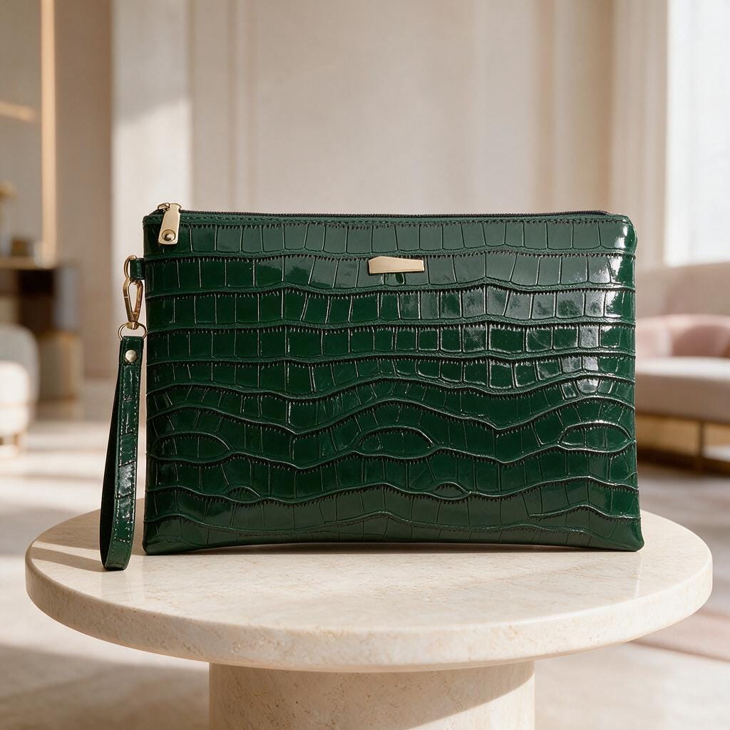 Green Crocodile Clutch Bag, Emerald Wristlet Purse, Embossed Evening Bag, Textured Green Handbag, Zip Top Party Purse