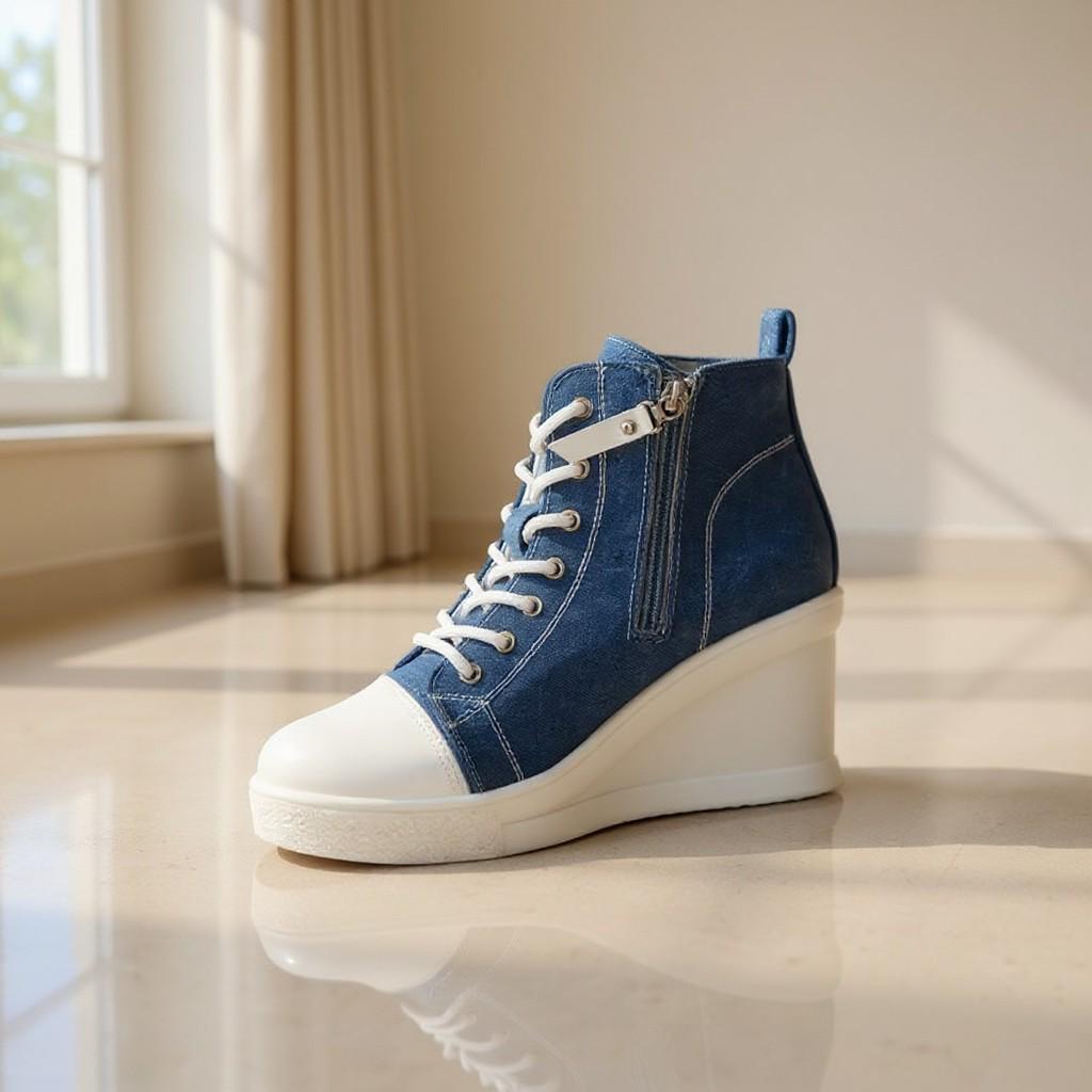 Blue Denim Wedge Sneakers, High Top Platform Shoes, Lace Up Jeans Sneakers, Women's Casual Fashion Shoes
