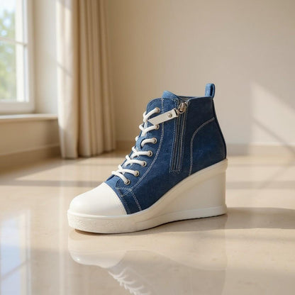 Blue Denim Wedge Sneakers, High Top Platform Shoes, Lace Up Jeans Sneakers, Women's Casual Fashion Shoes