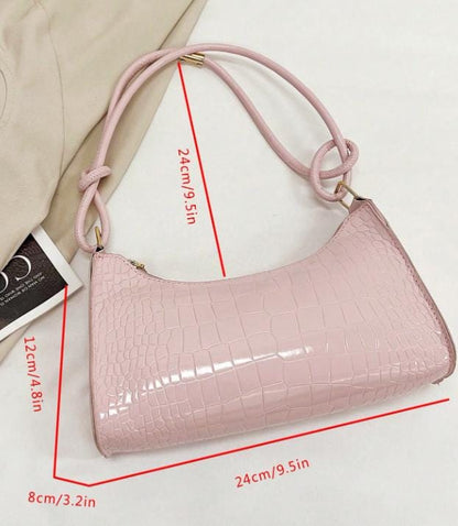 Pink Croc Baguette Bag, Soft Pink Shoulder Purse, Y2K Textured Handbag, Croc Embossed Crossbody Bag, Women's Pink Purse