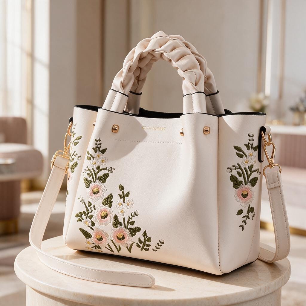 Floral Embroidered Tote Bag, White Shoulder Bag, Braided Handle Purse, Crossbody Bag, Women's Floral Handbag, Gift for Her