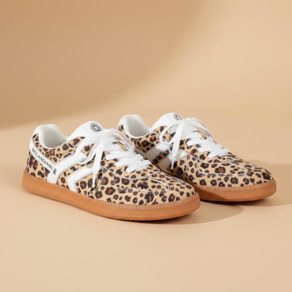 Leopard Print Sneakers for Women, Gum Sole Low Top Shoes, Animal Print Lace Up Sneakers
