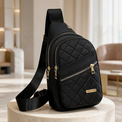 Black Quilted Sling Bag, Women's Crossbody Backpack, Padded Chest Bag, Small Travel Backpack, Multi Pocket Everyday Bag