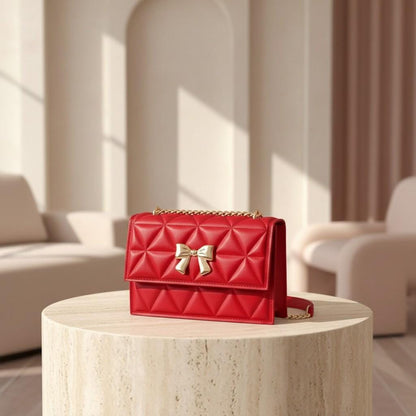 Red Quilted Shoulder Bag, Gold Bow Purse, Chain Strap Handbag, Geometric Crossbody Bag, Elegant Red Bag