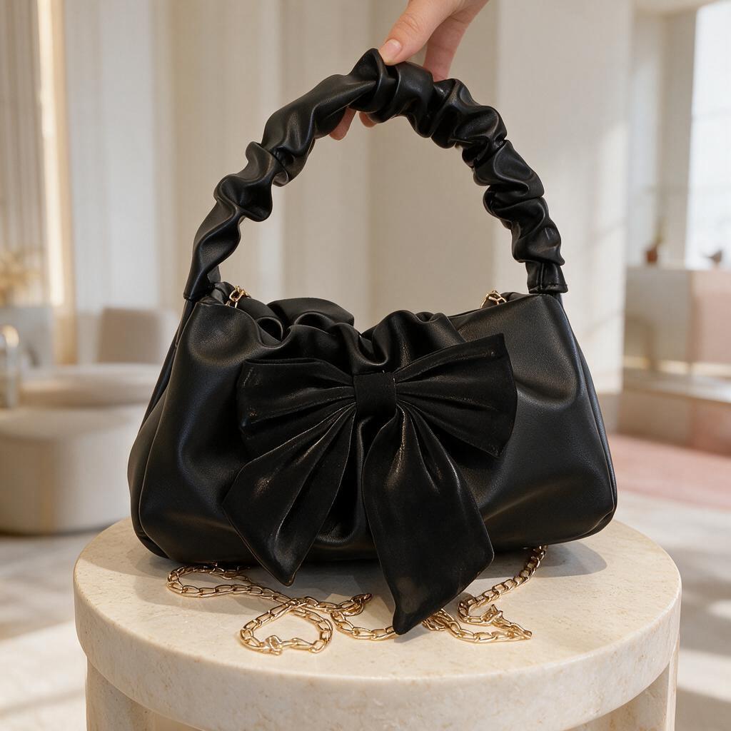 Black Bow Handbag, Ruched Shoulder Purse, Elegant Black Evening Bag, Statement Bow Bag, Party Handbag