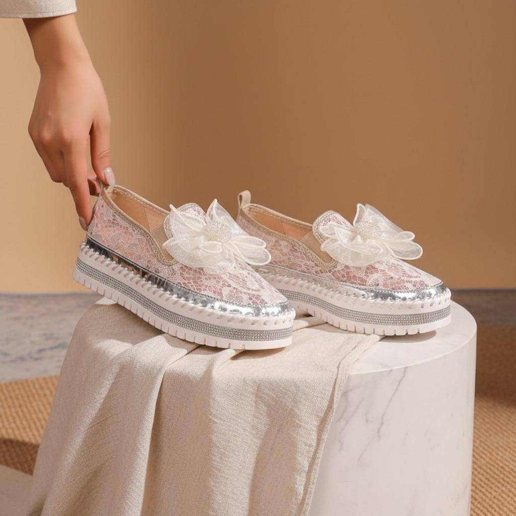 Floral Lace Bridal Shoes, Ivory Wedding Slip On Shoes, Flower Platform Sneakers