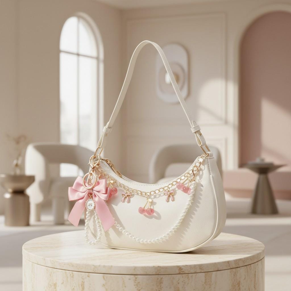 White Coquette Shoulder Bag, Pearl Bow Cherry Purse, Y2K Baguette Handbag, Kawaii Summer Crossbody