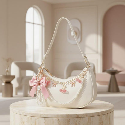 White Coquette Shoulder Bag, Pearl Bow Cherry Purse, Y2K Baguette Handbag, Kawaii Summer Crossbody