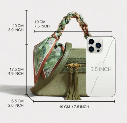 Olive Green Top Handle Bag, Scarf Handle Purse, Tassel Crossbody Bag, Structured Shoulder Handbag