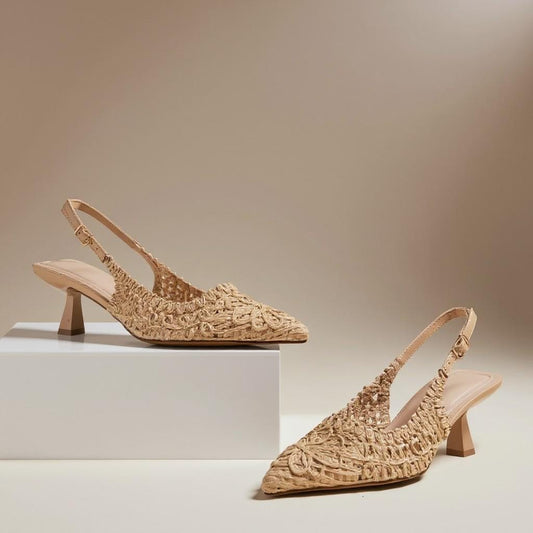 Beige Woven Slingback Heels, Pointed Toe Pumps, Embroidered Textured Dress Shoes