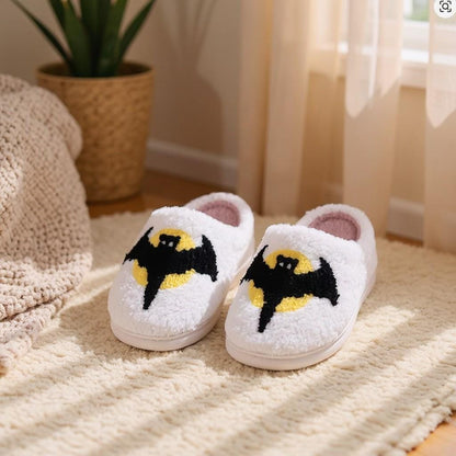 Bat Slippers, Fuzzy White House Shoes, Spooky Halloween Slippers