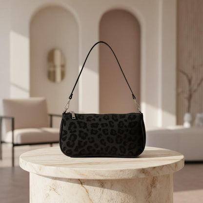 Black Leopard Shoulder Bag, Small Crossbody Purse, Y2K Underarm Bag, Minimalist Everyday Handbag