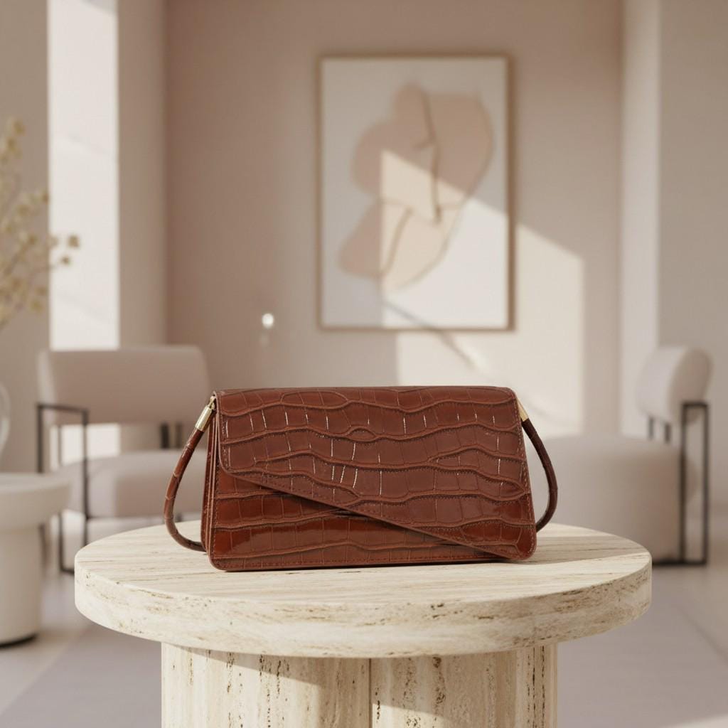 Brown Croc Print Handbag, Structured Flap Purse for Women, Long Handle Shoulder Bag