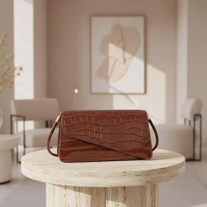 Brown Croc Print Handbag, Structured Flap Purse for Women, Long Handle Shoulder Bag