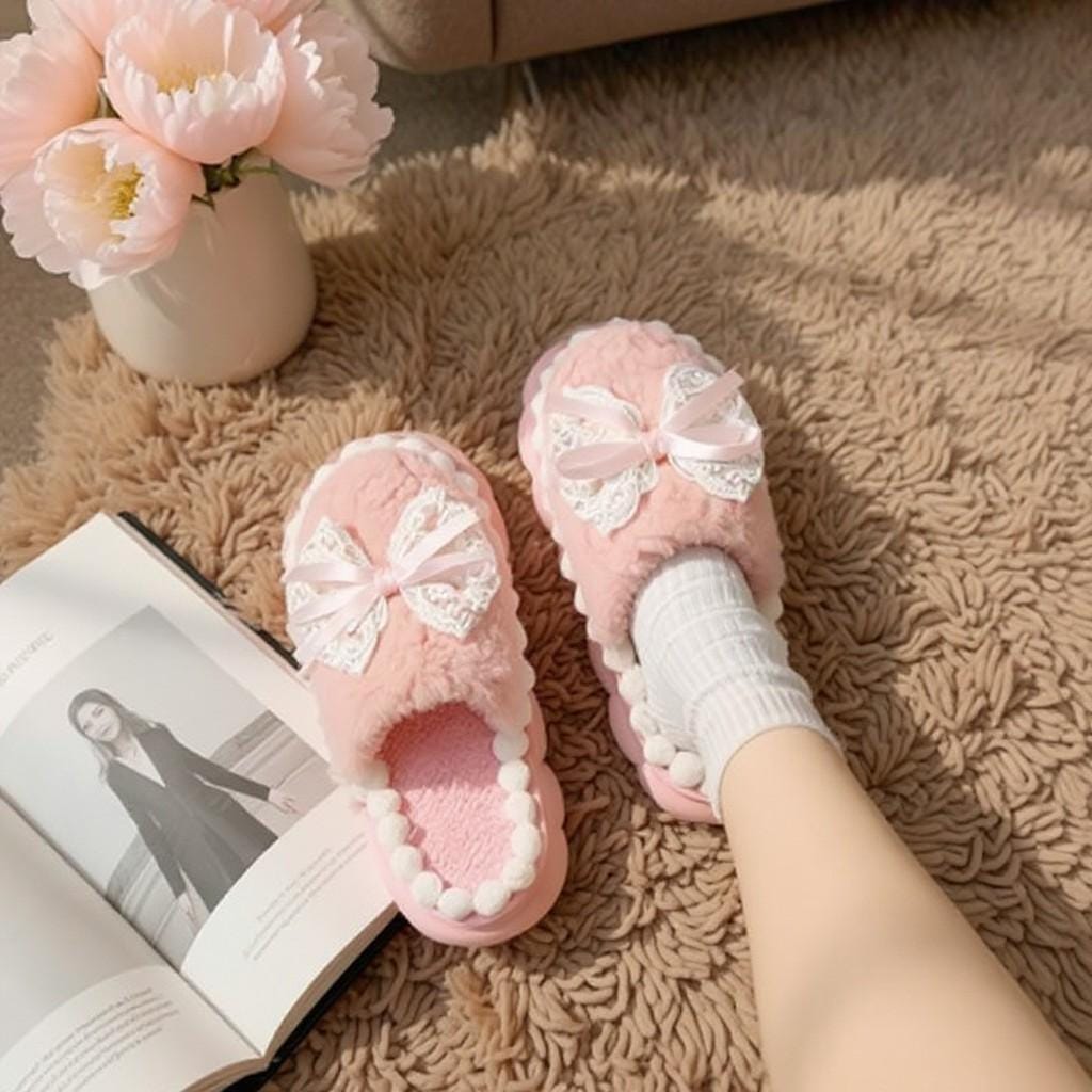 Pink Bow Slippers, Fuzzy Plush House Shoes, Cute Coquette Indoor Slippers