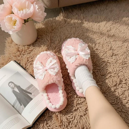 Pink Bow Slippers, Fuzzy Plush House Shoes, Cute Coquette Indoor Slippers