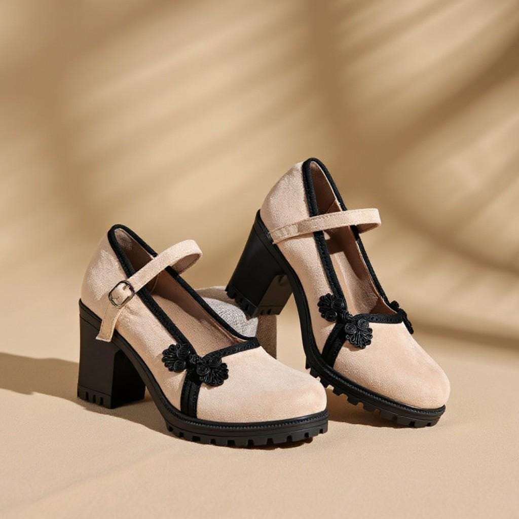Beige Mary Jane Heels, Black Trim Chunky Pumps, Floral Block Heel Shoes