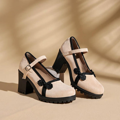 Beige Mary Jane Heels, Black Trim Chunky Pumps, Floral Block Heel Shoes