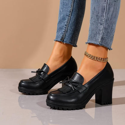 Black Chunky Loafers, Tassel Heeled Loafers, Platform Block Heel Dress Shoes