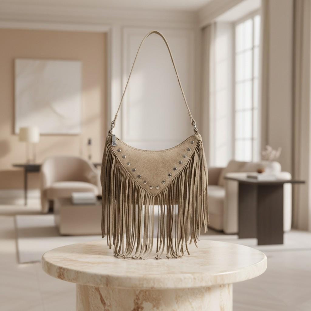 Taupe Fringe Shoulder Bag, Boho Purse, Western Fringe Bag, Studded Hobo Bag, Festival Handbag