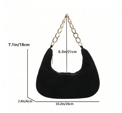 Black Crescent Shoulder Bag for Women, Small Hobo Purse, Gold Chain Strap Handbag, Minimalist Everyday Bag