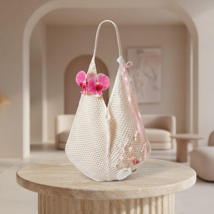 Crochet Beach Bag, Seashell Tote Bag, Coastal Summer Purse, Floral Mesh Shoulder Bag, Boho Vacation Bag, Shell Decor Bag