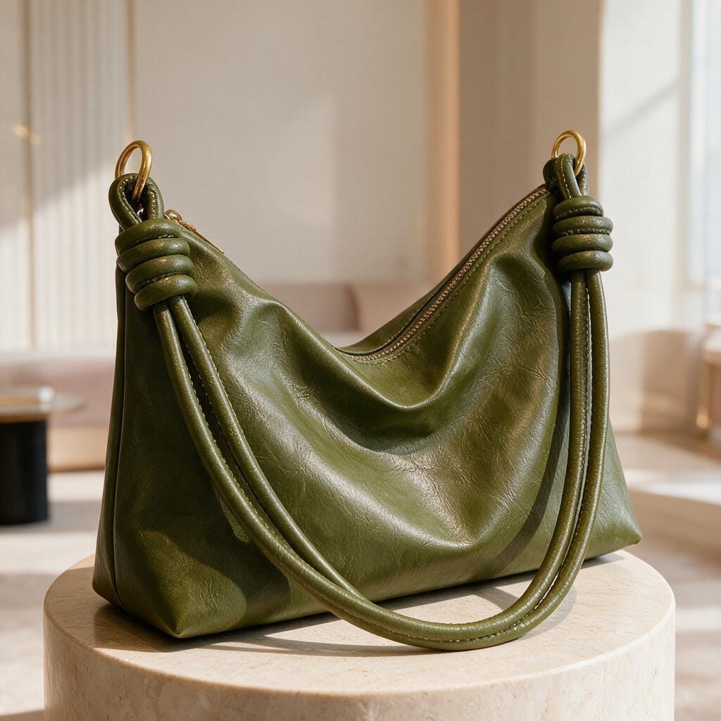 Olive Green Hobo Bag, Slouchy Shoulder Bag, Soft Faux Leather Purse, Y2K Shoulder Handbag, Knotted Strap Bag, Everyday Tote