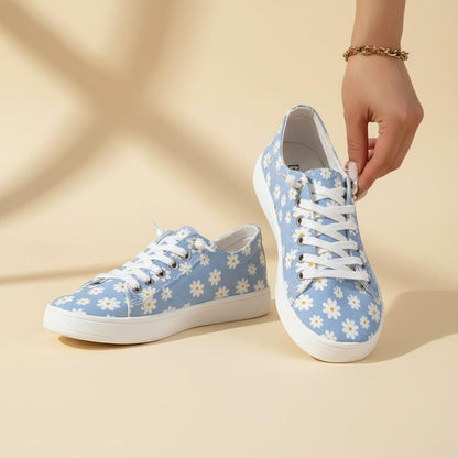 Blue Daisy Sneakers for Women, Floral Low Top Shoes, Lace Up Casual Footwear