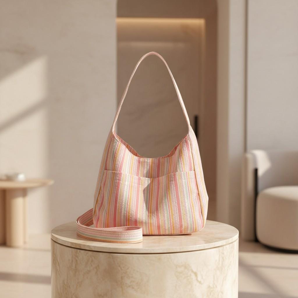 Pink Striped Shoulder Bag, Pastel Tote Purse for Women, Colorful Everyday Handbag, Casual Summer Bag
