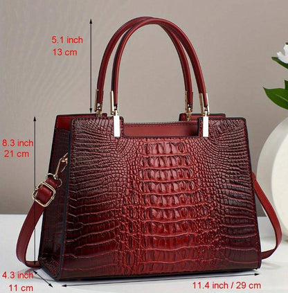 Burgundy Croc Embossed Handbag, Structured Top Handle Bag, Women's Shoulder Crossbody Purse, Elegant Satchel