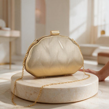 Gold Clutch Bag, Metallic Evening Purse with Chain Strap, Elegant Frame Clutch, Wedding Guest Bag, Gold Party Handbag